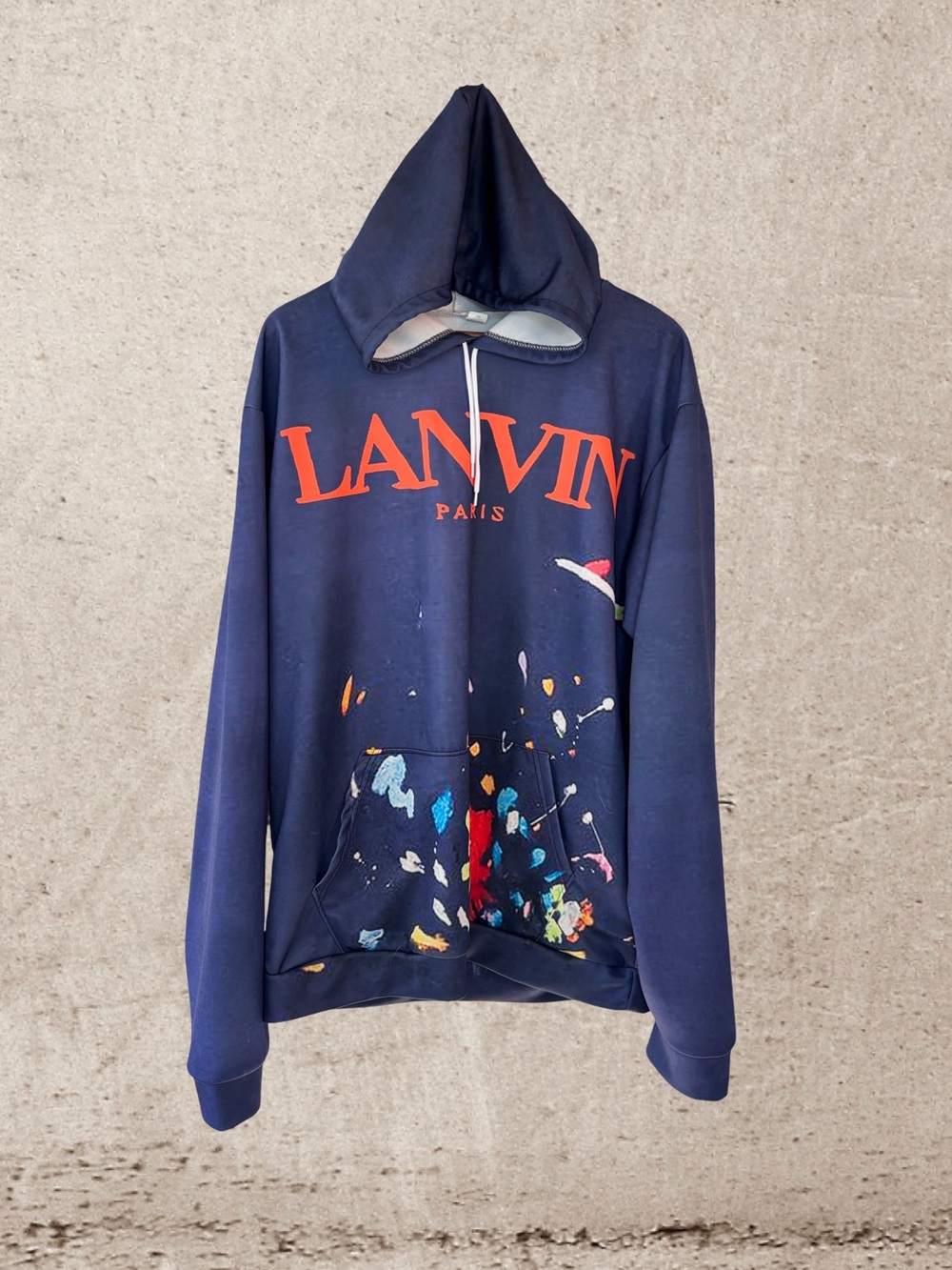 Lanvin Navy Crewneck Hoodie with Multicolor Paint-Splash Logo